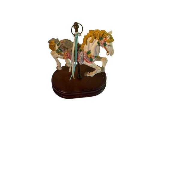 Vintage Carousel Horse Music Box Figurine With Floral Accents & Wooden Base - Picture 5 of 6